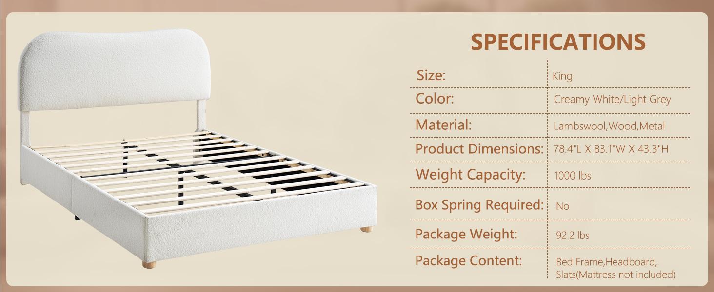 VanAcc Boucle Bed Frames, Upholstered Platform Bed with Curved Shaped Headboard, Soft Rounded Corners, Noise Free, Easy Assembly