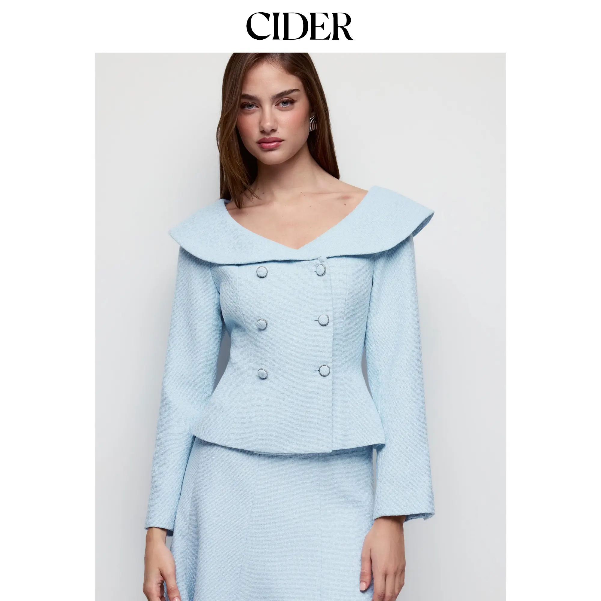 Cider Off-shoulder Tweed Metal Detail Double Breasted Blazer
