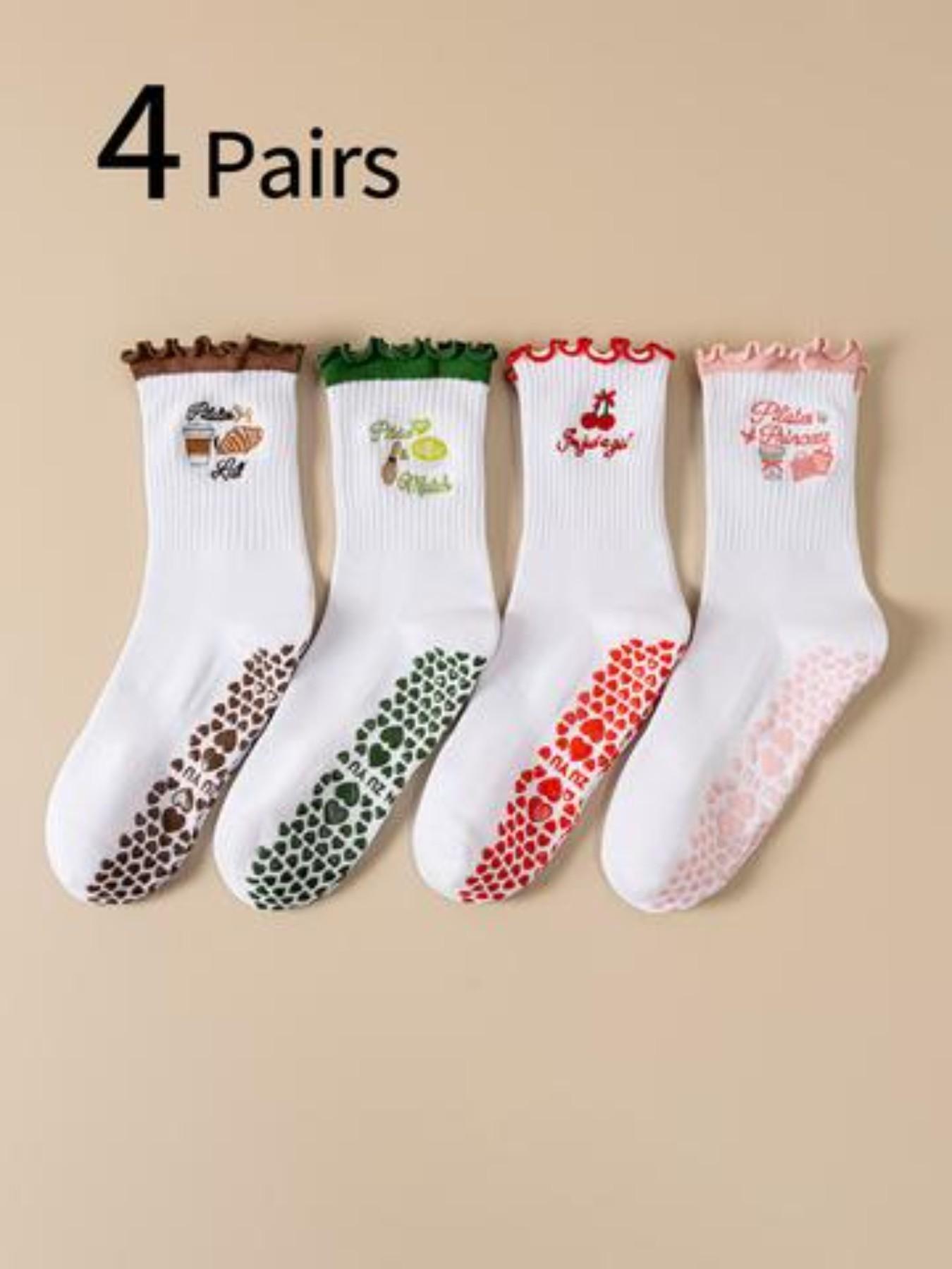 4 Pairs Women's Sports Socks, Cute Cartoon Embroidered Ankle Socks, Non-Slip Silicone Pilates Yoga Socks, Breathable Indoor Dance Socks