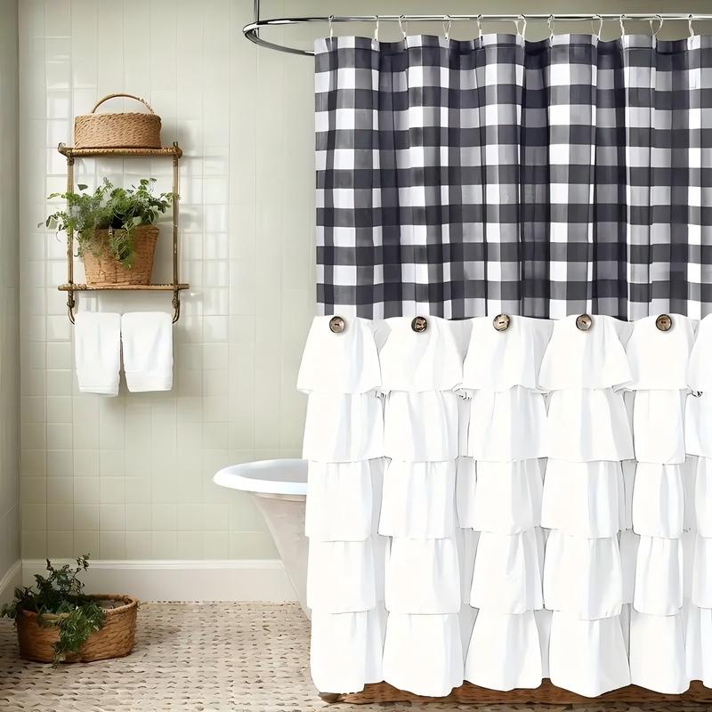 Farmhouse Ruffle Shower Curtain with Handmade Vintage Buttons, Country Buffalo Plaid Fabric Black and White Shower Curtains for Master Bathroom, Bathroom Decor Shower Curtain with 12 Holes,72" x 72"