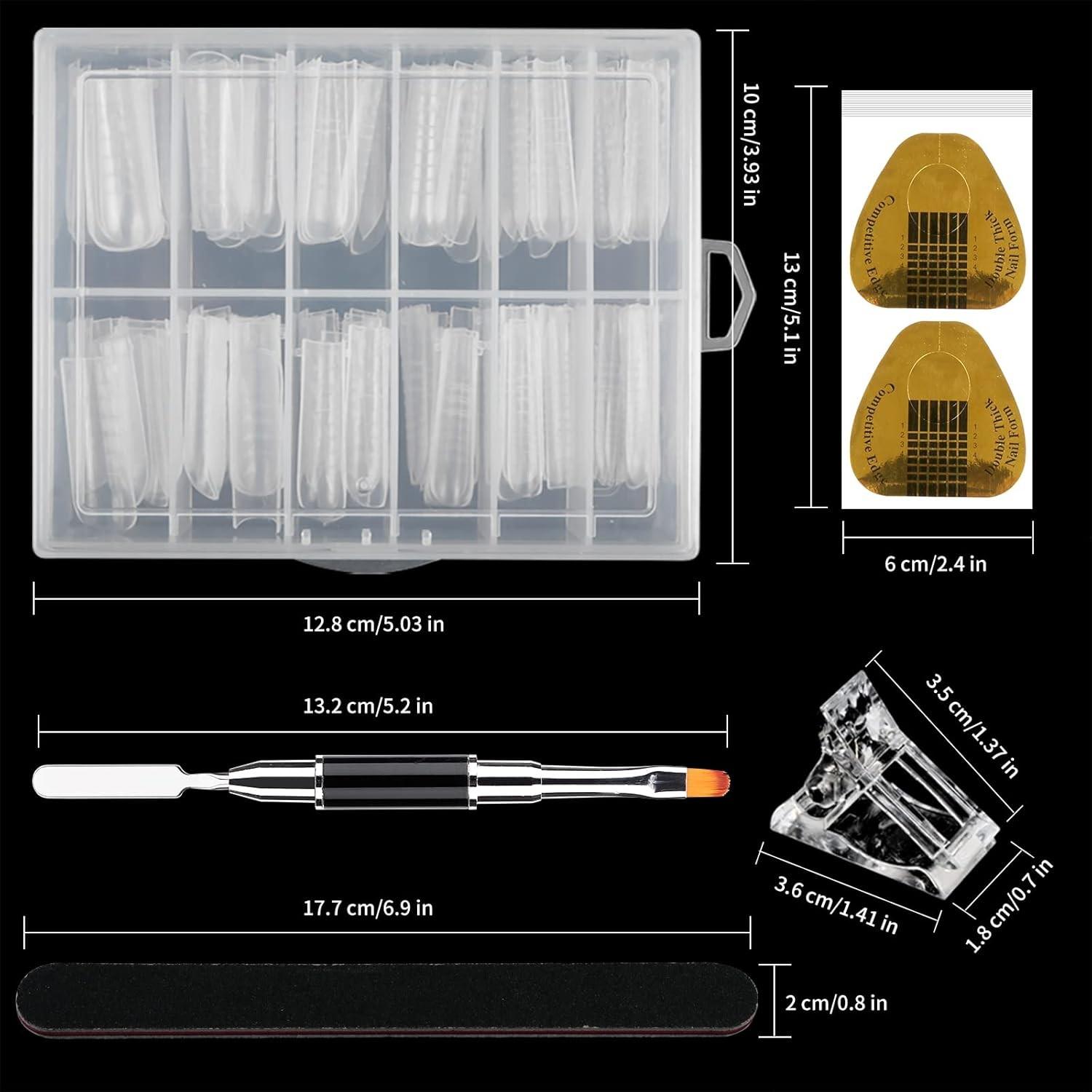 Nail Extension Mold Kit with Scale Nail Tips, Crystal Clips, Square Nail Forms, UV Gel Brush, Cuticle Pusher, Nail File, DIY & Salon Use