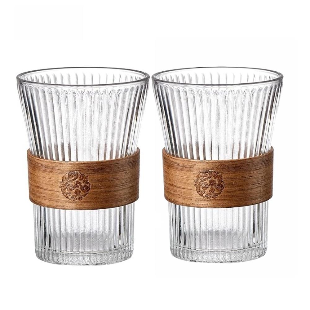 2pcs 320ML Glass Coffee Cups with Bamboo Sleeve, Espresso Drinking Set, Home Essential Glassware, Clear Cups for Beer, Cocktail, Tea, Latte