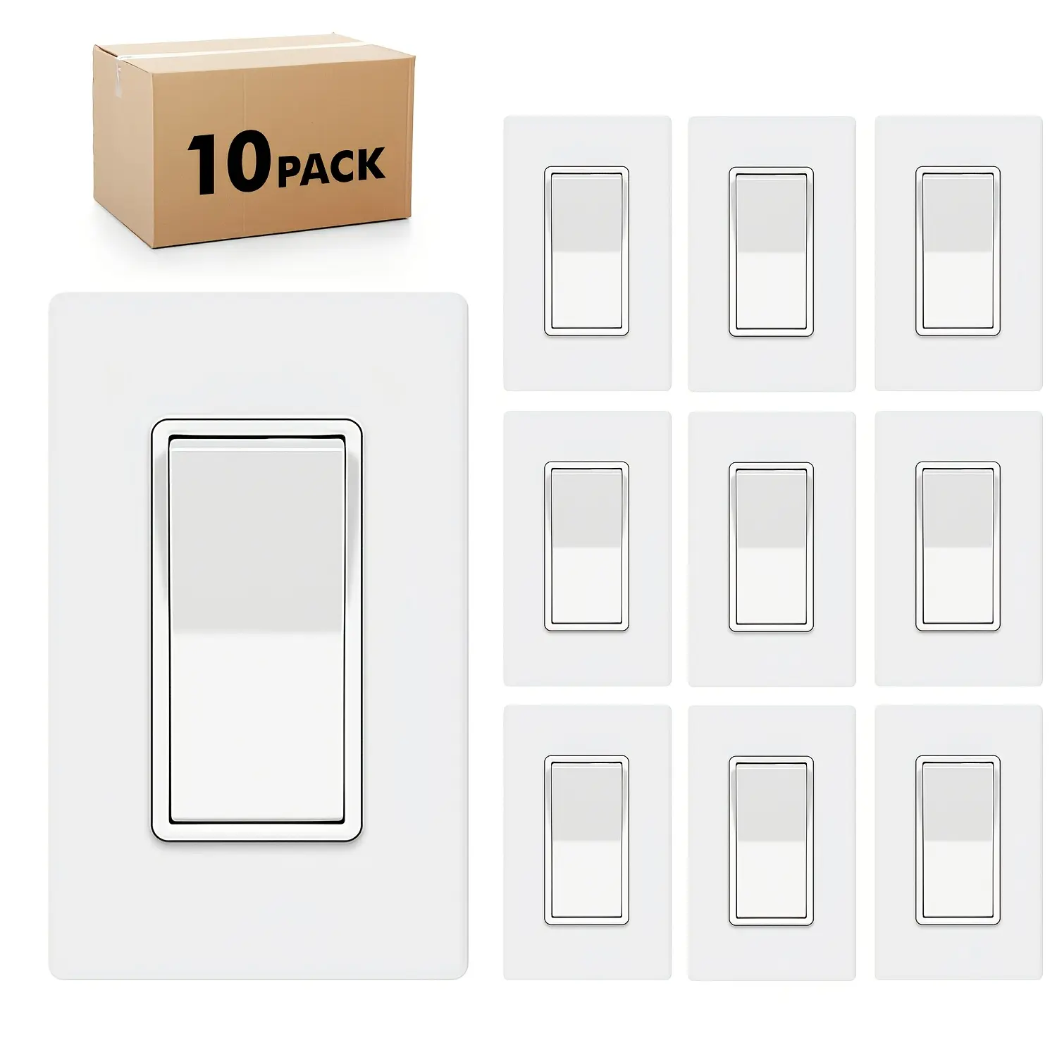 10/20/22/40/80 Pack Light Switch, Single Pole Paddle Rocker Residential Grade 3 Wires Grounding Screw 15A 120V/277V (Single Pole, with Wallplates)