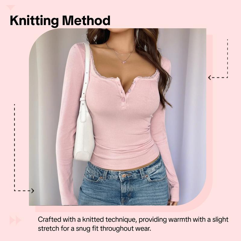 Lace Trim V-Neck Long Sleeve Top, Casual Knitted Striped Sweater, Warm and Versatile for Fall & Winter, Daily Wear, Lace Knit Design