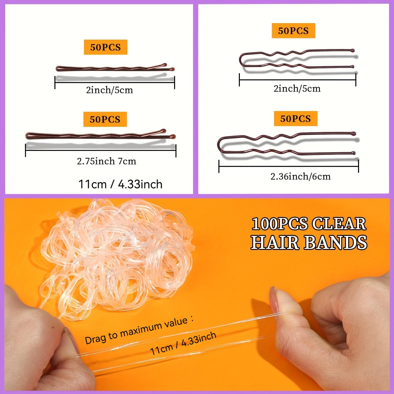 300 Piece Hair Clip Set with Box, Includes 100 Women's Clips, 100 Transparent Bands, 100 Metal U-Shaped Pins, Ideal for Braids and Thick Hair