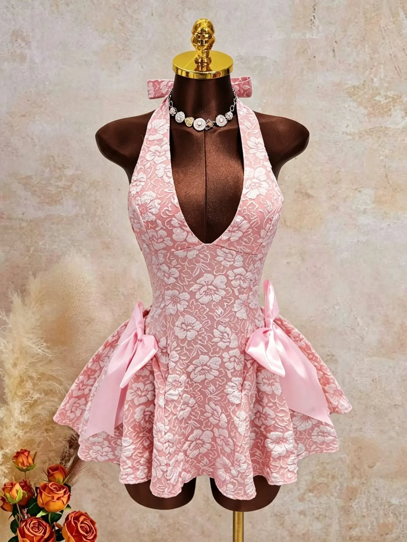 Summer New Sakura Embossed Halter Dress, Side Large Bowknot Decoration, A-Line Short Skirt, Wedding Bridesmaid/valentine's Day Date Princess Dress