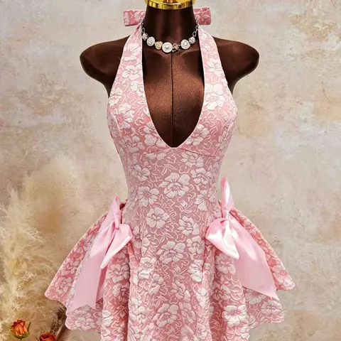 Summer New 3D Embroidered Halter Dress, Side Large Bow Decoration, A-Line Short Skirt, Wedding Bridesmaid, Sweet Princess Dress, Wedding Guest Wear