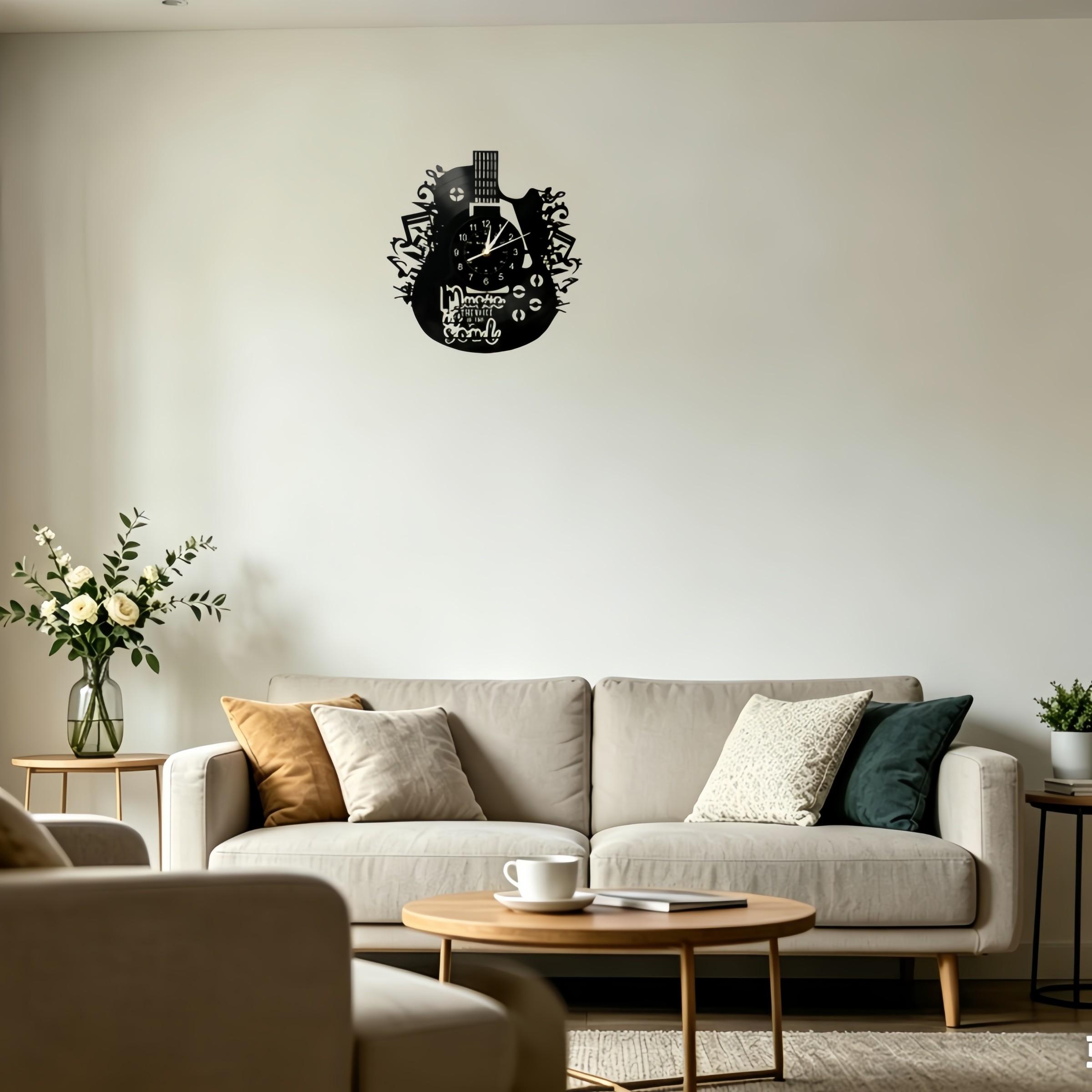 Guitar Shape Vinyl Wall Clock, Musical Notes Design, Inspirational Quote, Artistic Decor for Living Room, Music Room, Studio, Guitar Shop