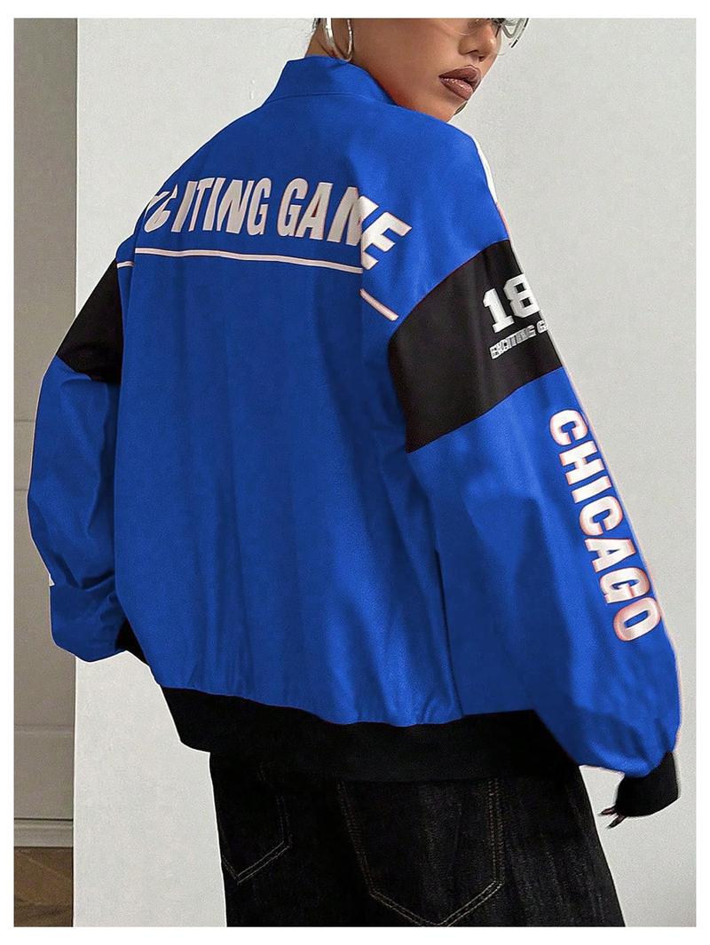 Spring Bomber Jacket Long Sleeve Zip Up Racing Jackets Color Block Y2k Outerwear Vintage Streetwear