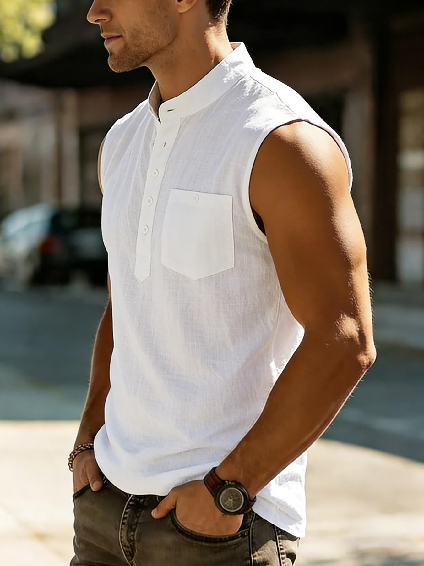 Men's Casual Sleeveless Linen Vest, Breathable Loose Fit, Perfect for Vacation Gym Commute, Stand Collar Plain Top