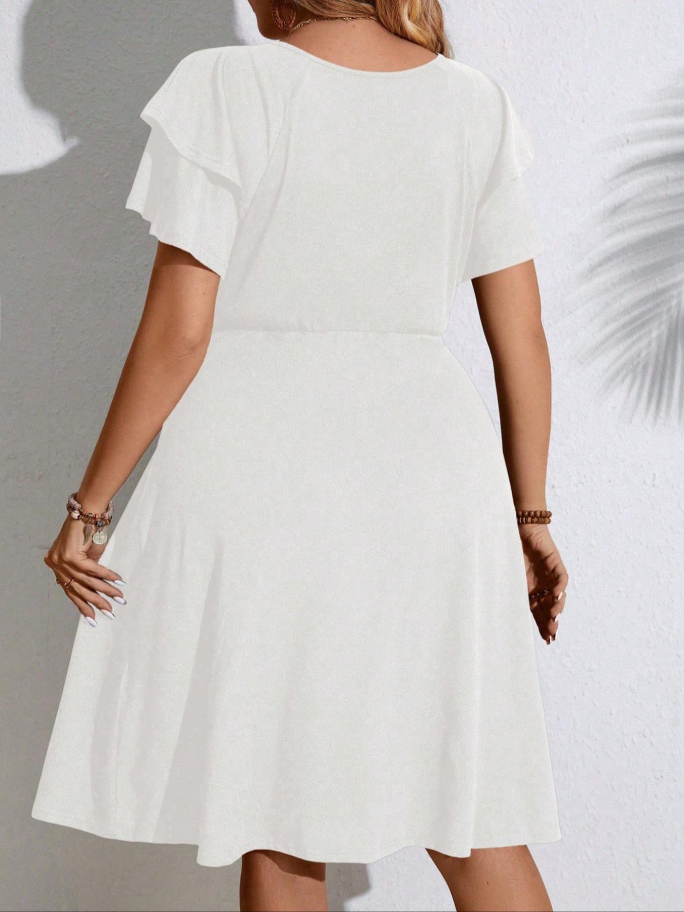 【Plus Size】 Solid Color V Neck Dress, Fashion Casual Dress for Wedding Guest, Women's Clothing for Summer