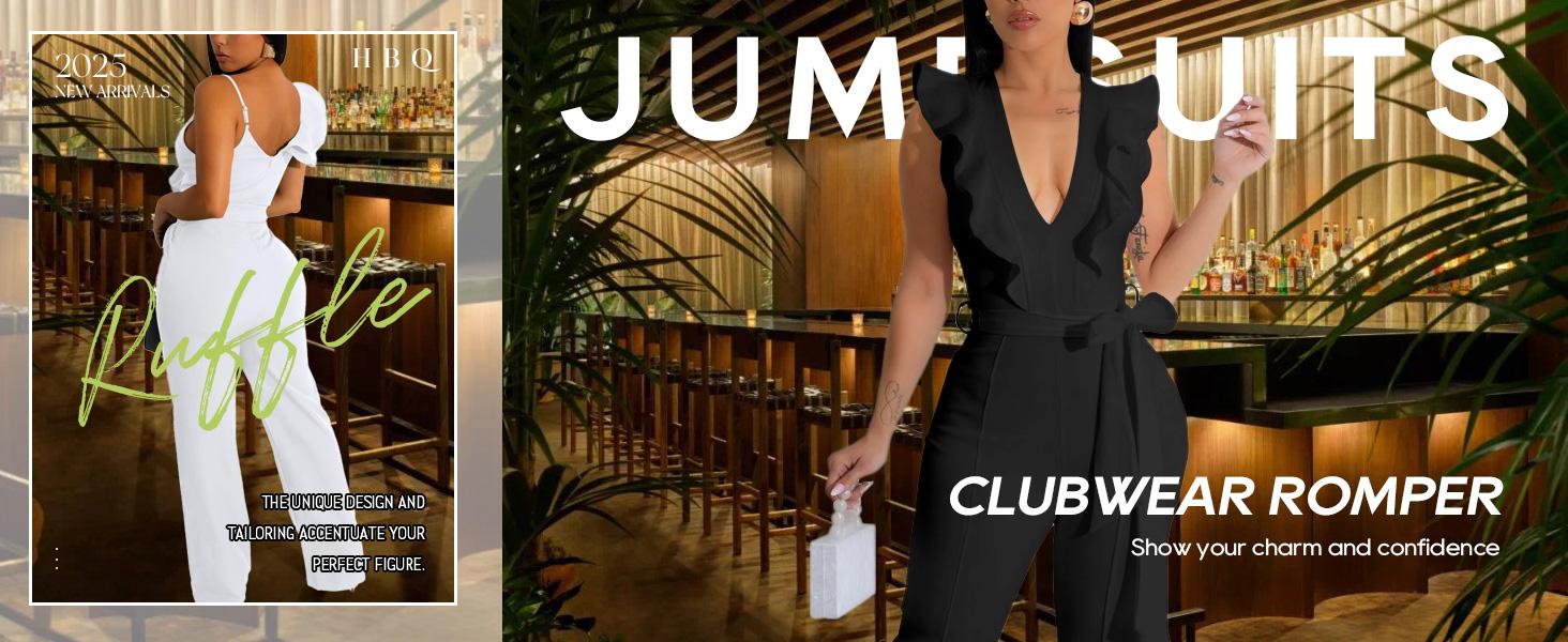 Womens Casual One Piece Jumpsuits V-Neck Sleeveless Ruffle Elegant Romper Wide Leg Pant Sexy Party Clubwear Womens Casual One Piece Jumpsuits V-Neck Sleeveless Ruffle Elegant Romper Wide Leg Pant Sexy Party Clubwear