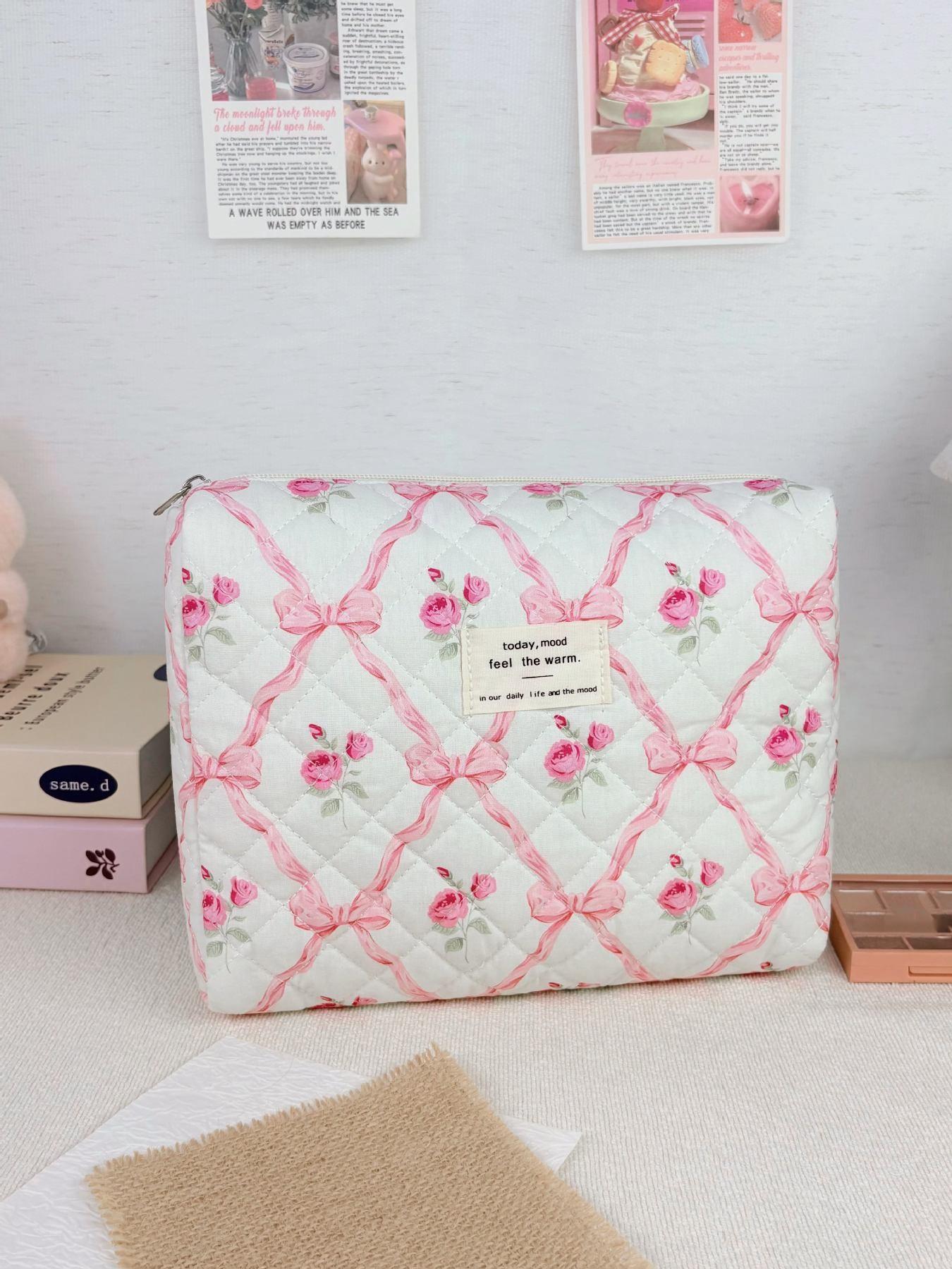 Pink rose bow quilted cosmetic bag set, multi-size cosmetic bag, suitable for daily and travel storage