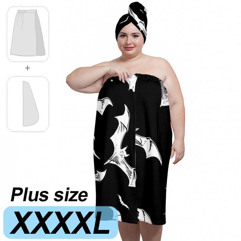 XXXXL plus-size bathrobe set, Halloween bat series, suitable for women, absorbent hair wrap towel for after bathing, spa, and swimming pool. A must-have for home/travel.