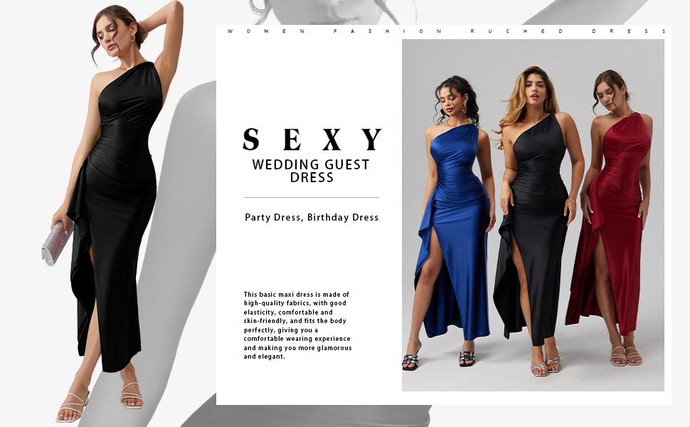 OYV Women's Sexy One Shoulder High Split Maxi Dress Black Wedding Cocktail Evening Gown