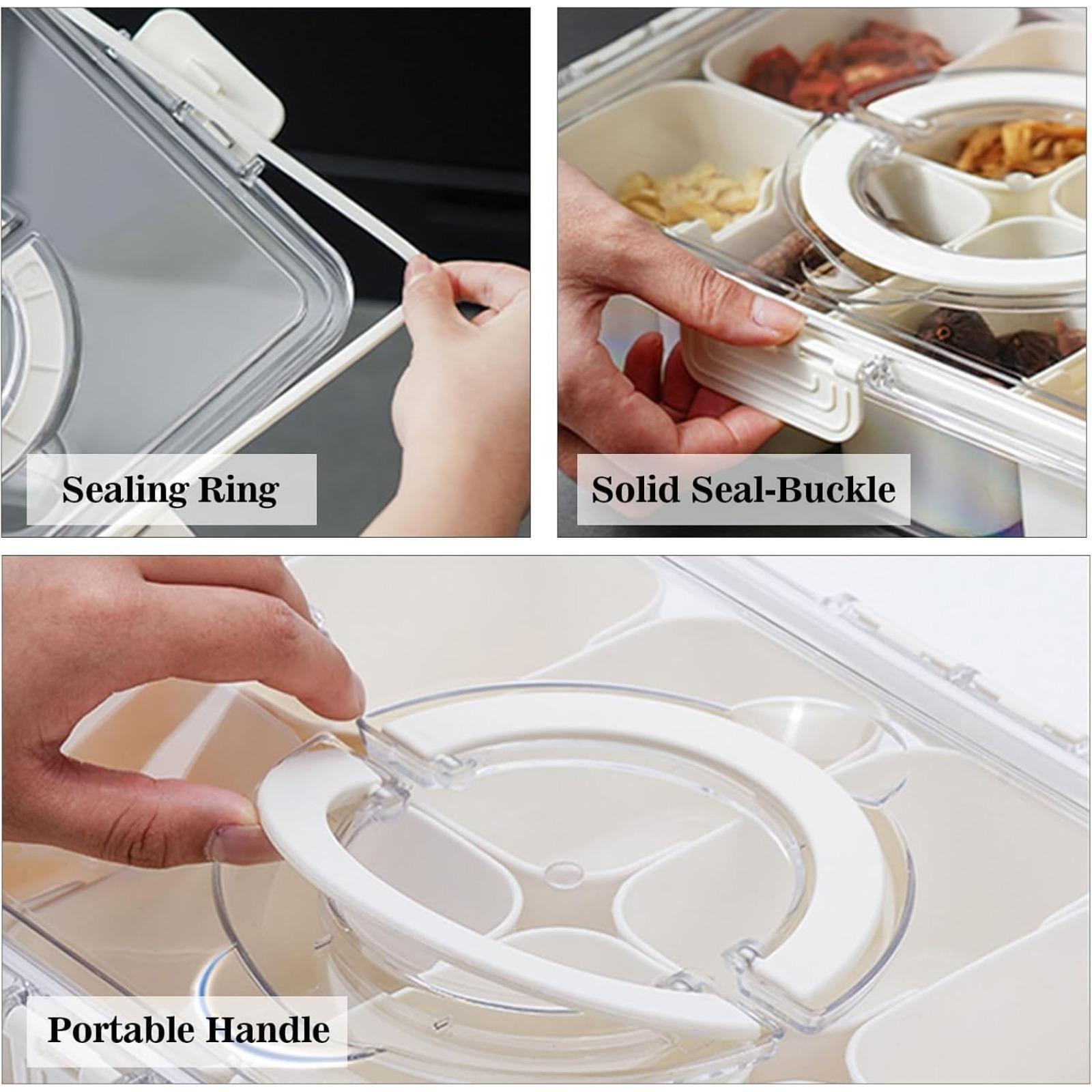 Clear 8 Compartment Airtight Snack Storage Container with Lid and Handle, Leakproof Divided Serving Tray with Detachable Grids, Dishwasher Safe Storage Box for Nuts, Candy, Portable Organizer, Lunch Container for Picnics, Travel and Home Use