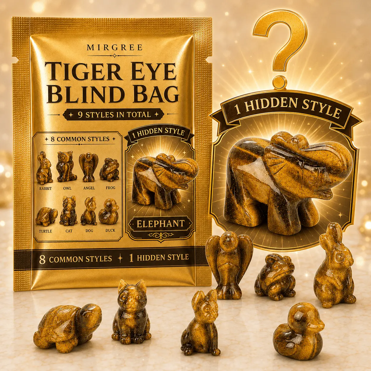 MIRGREE Tiger Eye Animal Blind Bag, Mini Stone Figurine with Hidden Elephant Style, Cute Collectible Desk Decoration
