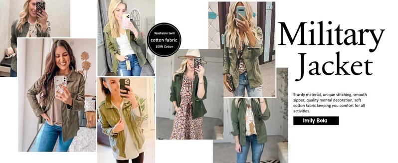 Imily Bela Womens Military Jacket Zip Up Snap Buttons Lightweight Utility Anorak Field Safari Coat Outwear