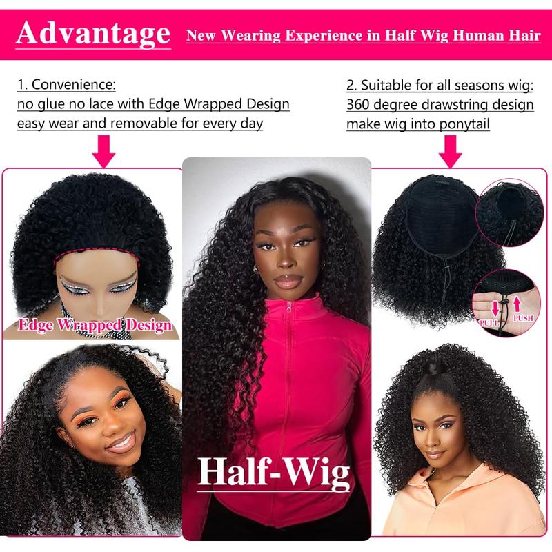 10s Install Wig [3 In 1 Half Wig] Kinky Curly Half Wig Human Hair 180 Density 3 In 1 Drawstring Seamless Flip Half Wigs Wear Go Glueless Wigs Human Hair 18 Inch Curly Half Wig for Women Drawstring Headband Wig Beginner Friendly