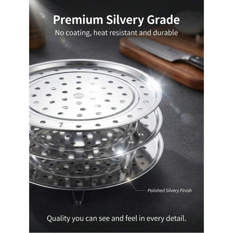 3pcs Multi-Size (18/20/22cm) Stainless Steel Steamer Racks, Universal Fit Perforated Trays with Elevated Legs,  for Steaming Vegetables, Dumplings & Seafood