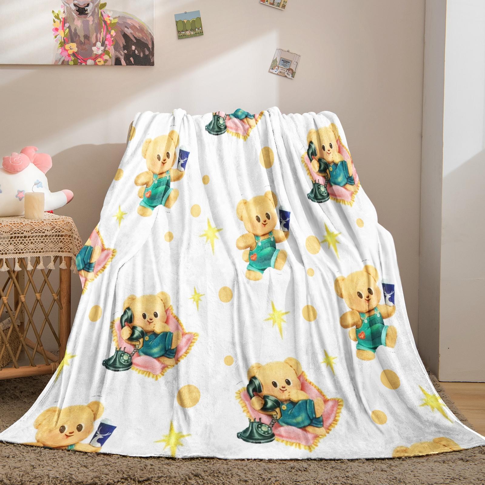 Cute Cartoon Bear Print Throw Blanket, Japanese Style Soft Teddy Bear Pattern, Skin-Friendly Soft Flannel Lightweight Cozy Blanket for Kids Bedroom, Nursery, Couch, Bed and Dorm, Lovely Aesthetic Home Decor, Ideal Birthday and Holiday Gift for Bear Lovers