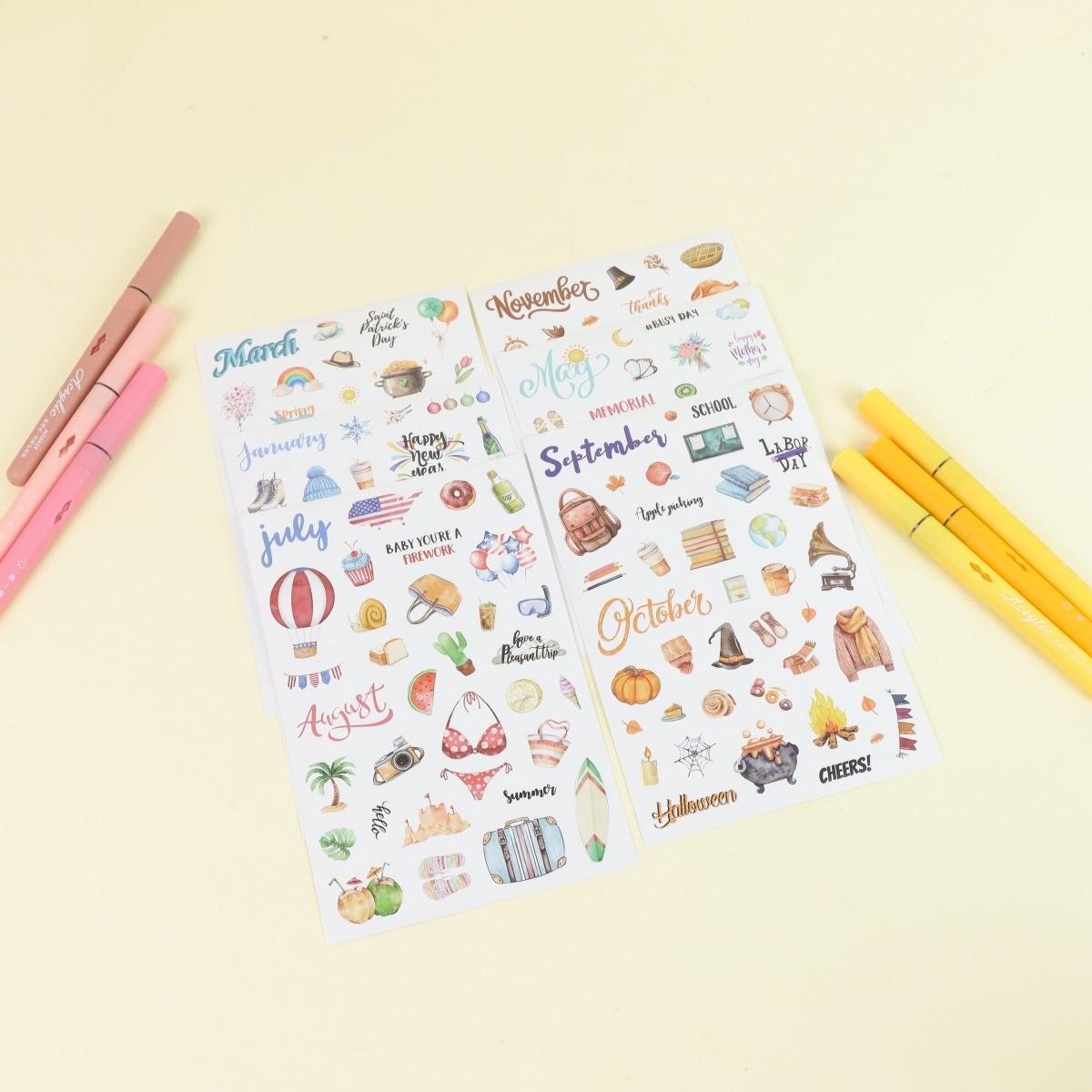 Cute Sticker Set for Journals, Includes 6 Sheets, Perfect for Scrapbooking, DIY Crafts, Art Decoration, Ideal for Personalization