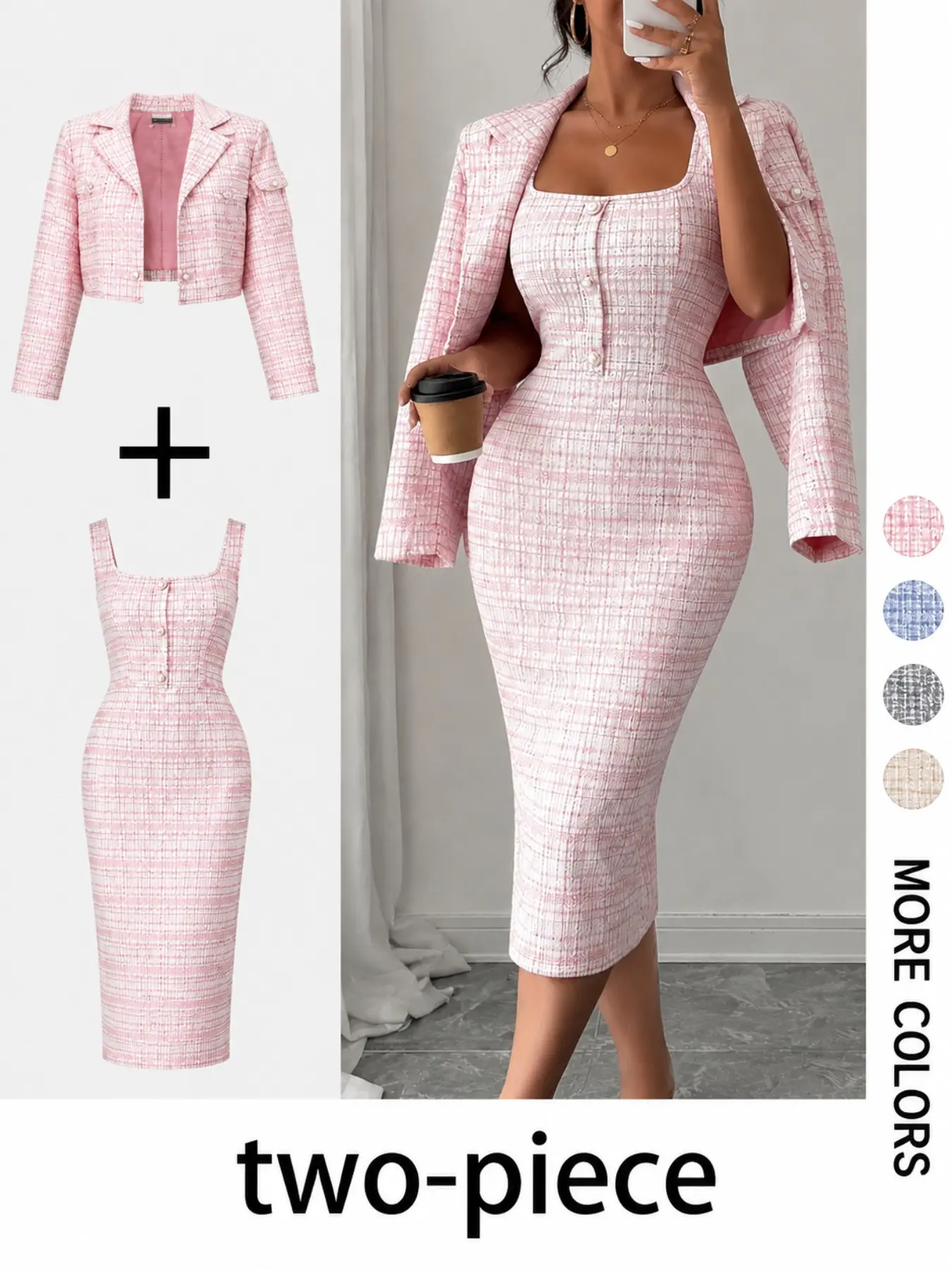 Women's Pink Plaid Dress Set, Elegant Formal Office Wear Two-Piece, Business Casual Fashion for Fall Winter, Ladies Clothing