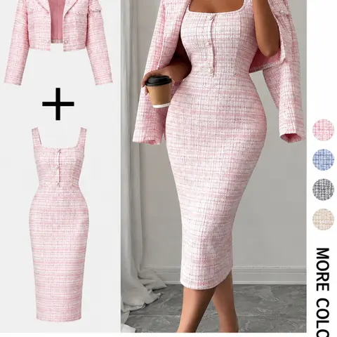 Women's Pink Plaid Dress Set, Elegant Office Wear Two-Piece, Business Casual Fashion for Fall Winter, Ladies Clothing