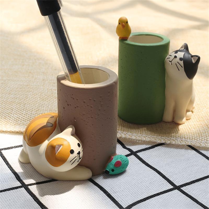Cute cat pen holder, mini pen holder, creative decoration for study, home decor, office desk decoration, office