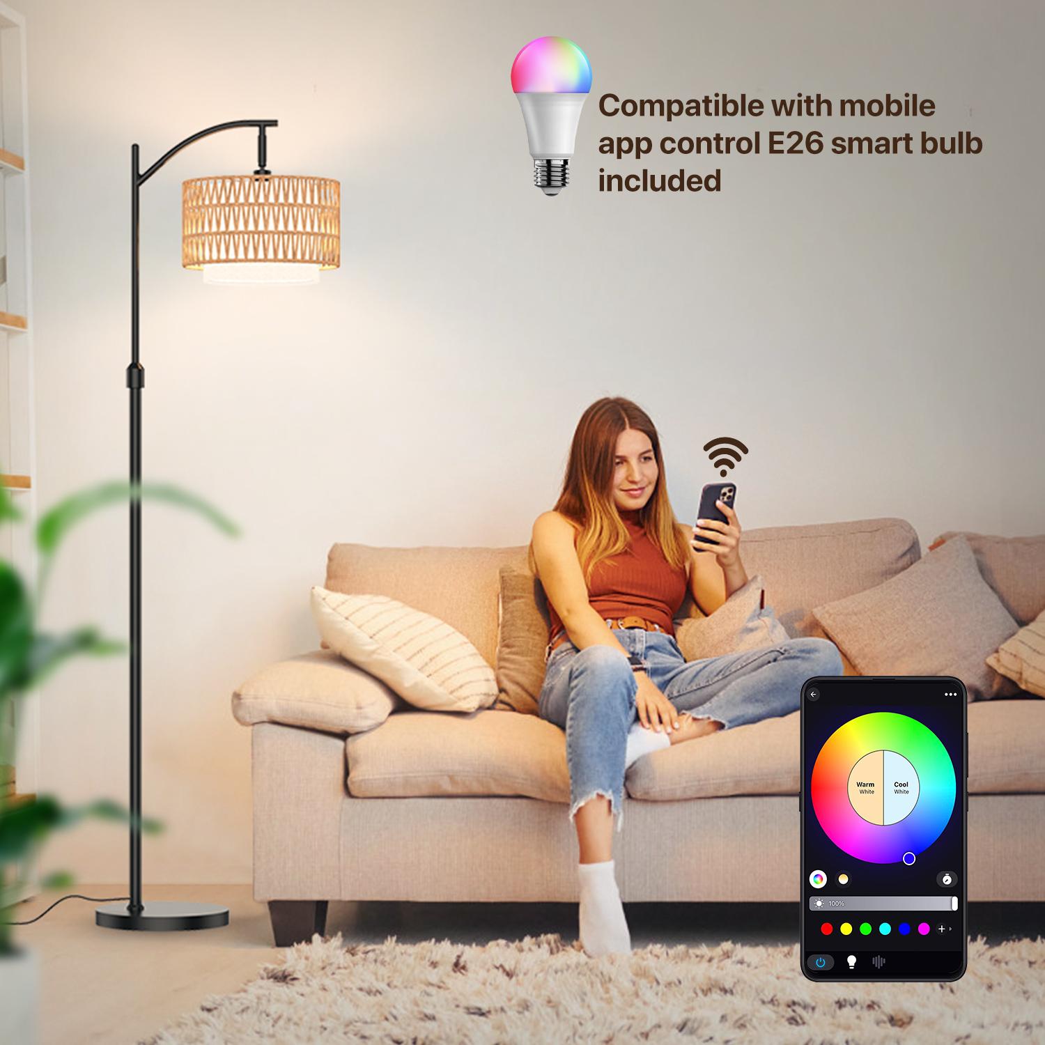 GLITGATE RGB Dimmable Y Floor Lamp with Remote Control, Bohemian Floor Lamp with 3 CCT,Farmhouse Floor Lamps with Rattan Shades, Mid century modern floor lamp, Adjustable Tall Lamp for Bedroom, Office for living room,bedroom