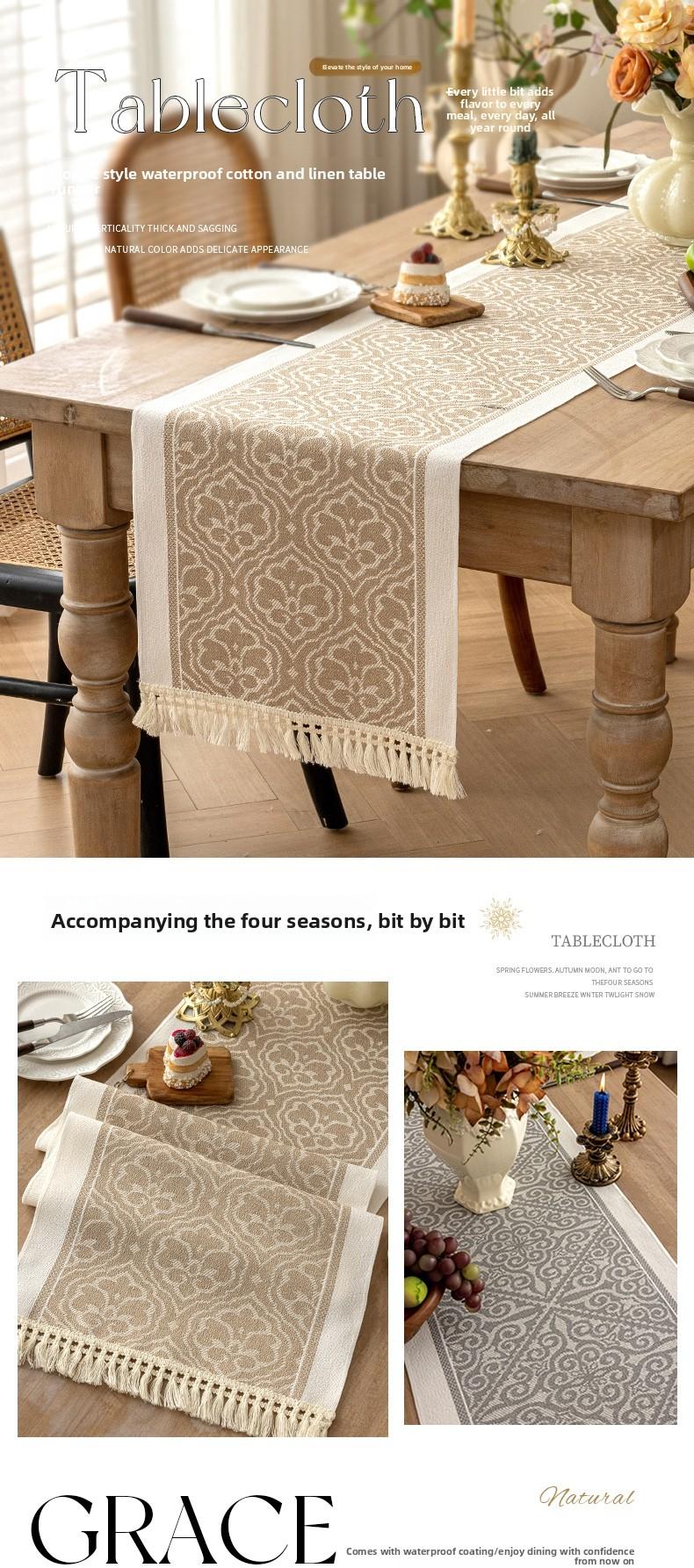 Nordic Style Waterproof Cotton Linen Table Runner, Jacquard Pattern with Tassel Trim, Dining Table Decor
