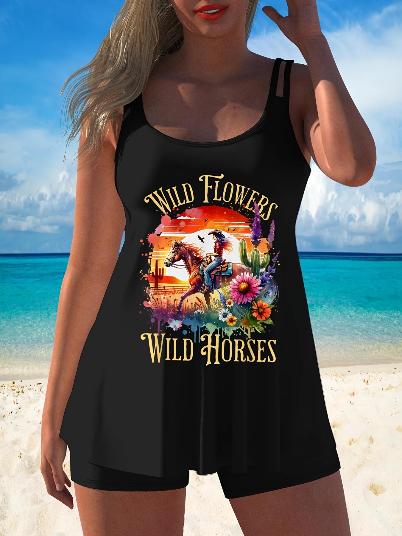 Wildflower, Mustang, Countryside, Sunset, Western Cowboy Women's Two-Piece Swimsuit |     Two-piece elegant black conservative tank top swimsuit, made of high-elastic fabric and featuring floral appliques