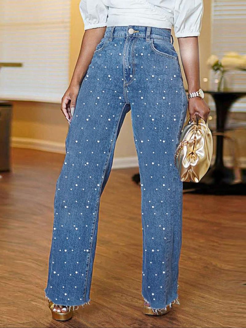Women's Trendy Denim Pearl Studs Design Washed Soft Comfortable Straight Leg Wide Leg Pants, Elegant Fashion Long Trousers