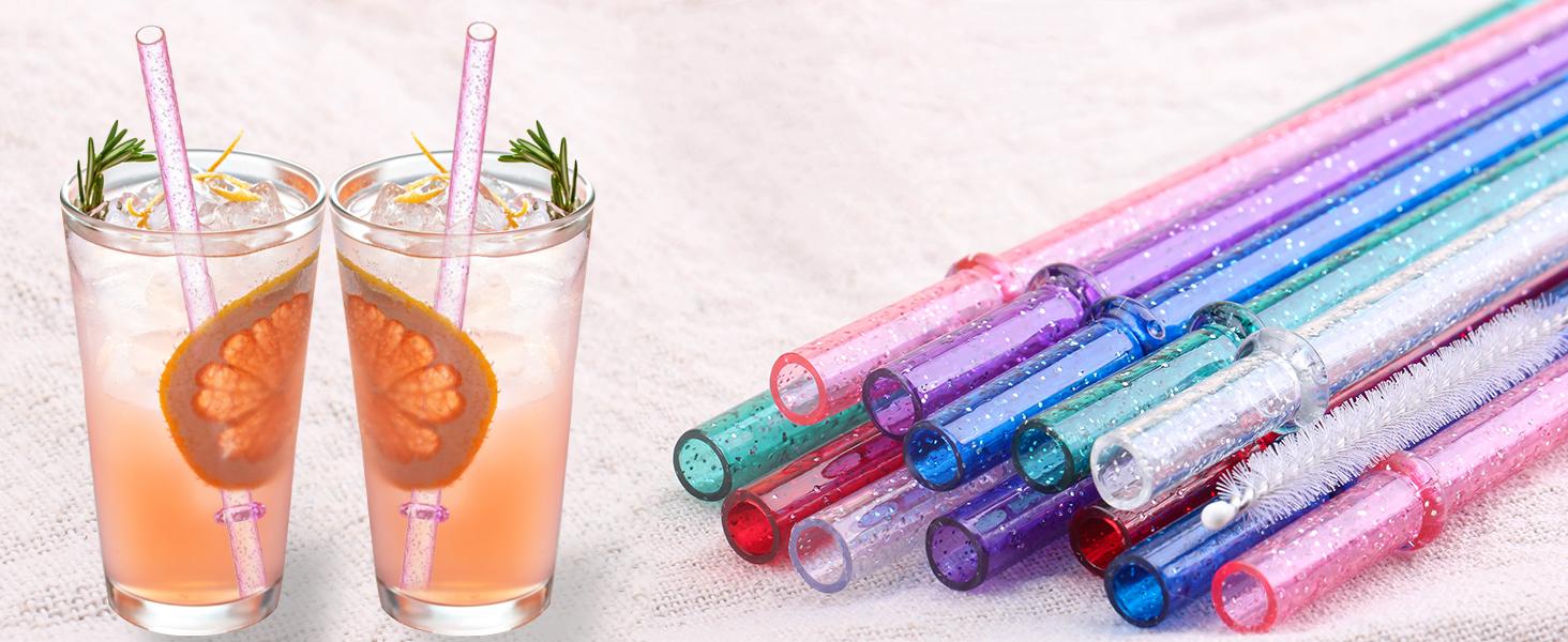 11 inch glitter clear 12 piece reusable straw replacement plastic straw for 16 oz 18oz 20 oz 24 oz 30 oz yeti,stanley,tumblers starbucks straws plus one cleaning brush (6 color,11 inch)