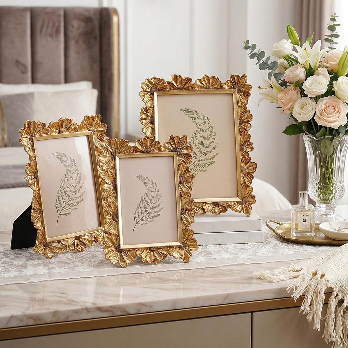 European Style Daisy Flower Pattern Frame, Resin Hand-Painted Photo Display, Indoor Desktop Decor, Wedding, Party Decoration