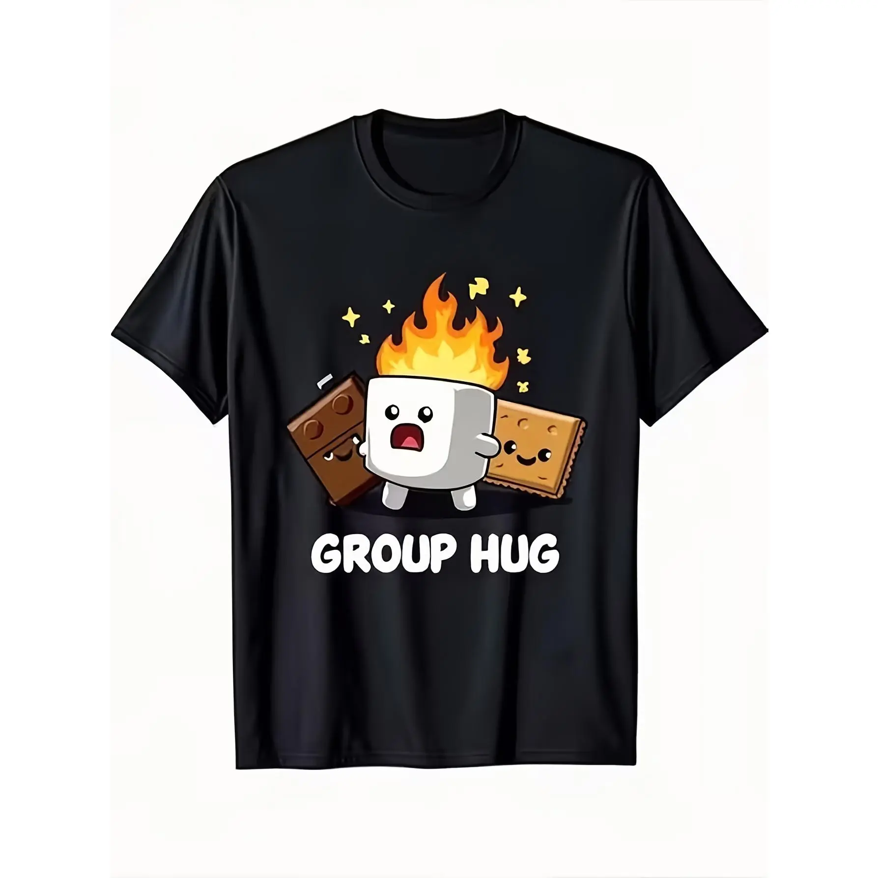 Men's Cotton Short-Sleeve Round Neck T-Shirt - Playful Cartoon Surprised Flared Marshmallow, Chocolate & Whole Wheat Cookies Design with "Group Hug" Text, Ideal for Casual Outings & Fun Gatherings, Sport Top, Sohochic Sarcasm Vibe Graphic Vintage Unisex