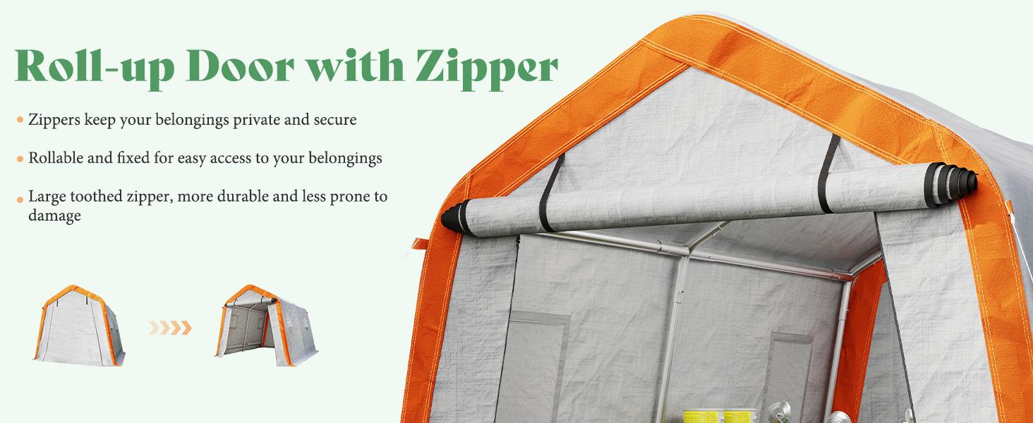 VanAcc Modern Heavy Duty Portable Shed Storage Shelter, Household Outdoor Shed with 2 Waterproof Windows & Roll-up Zipper Door, Carport for Motorcycle, Bike