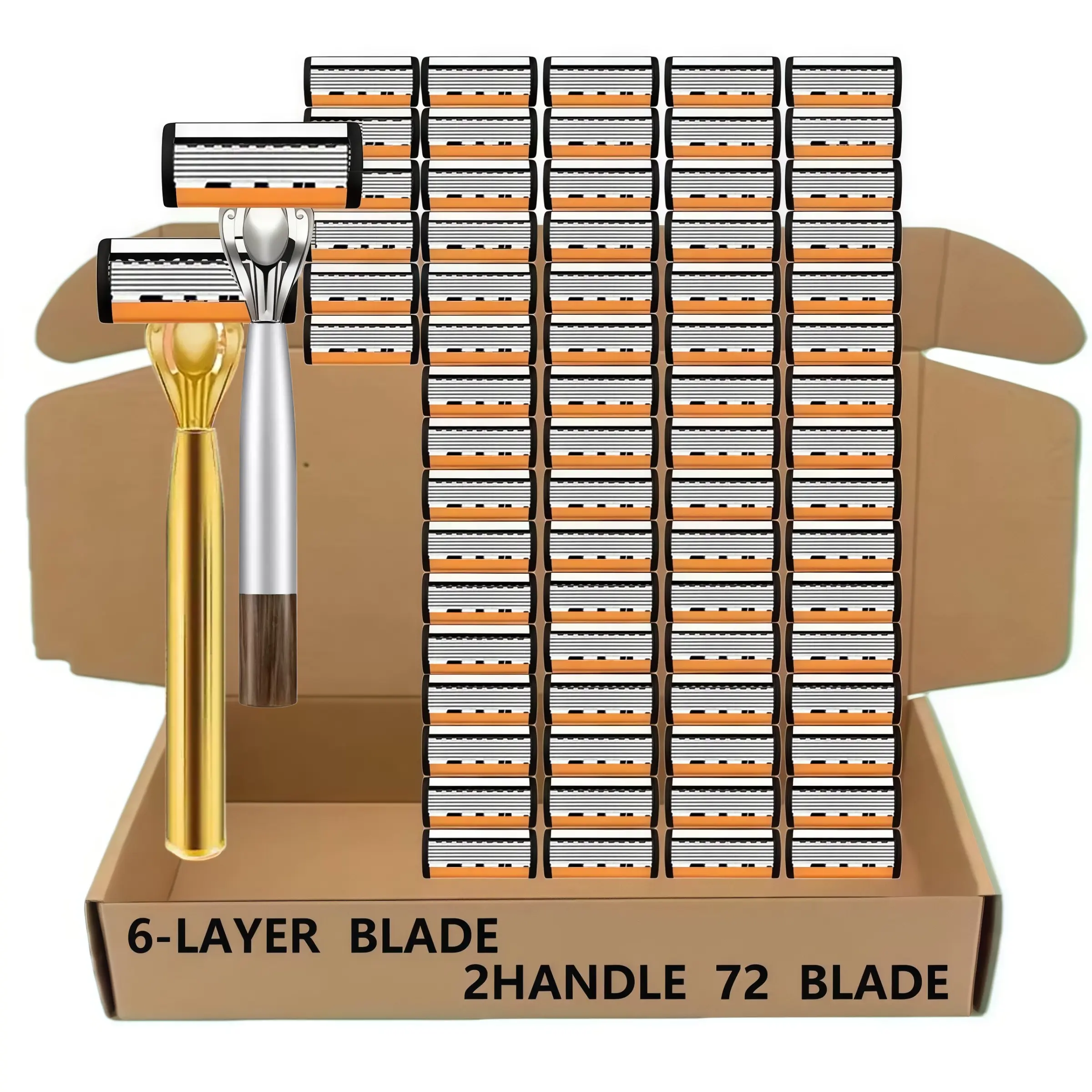 Men Manual Razor Shaving Set, 2 Ergonomic Razor Handles with 72 Pieces 6‑Layer Replacement Razor Blades, Smooth Close Shaving Kit for Daily Facial Hair Removal, Reusable Safety Shaver for Men Home & Travel Use
