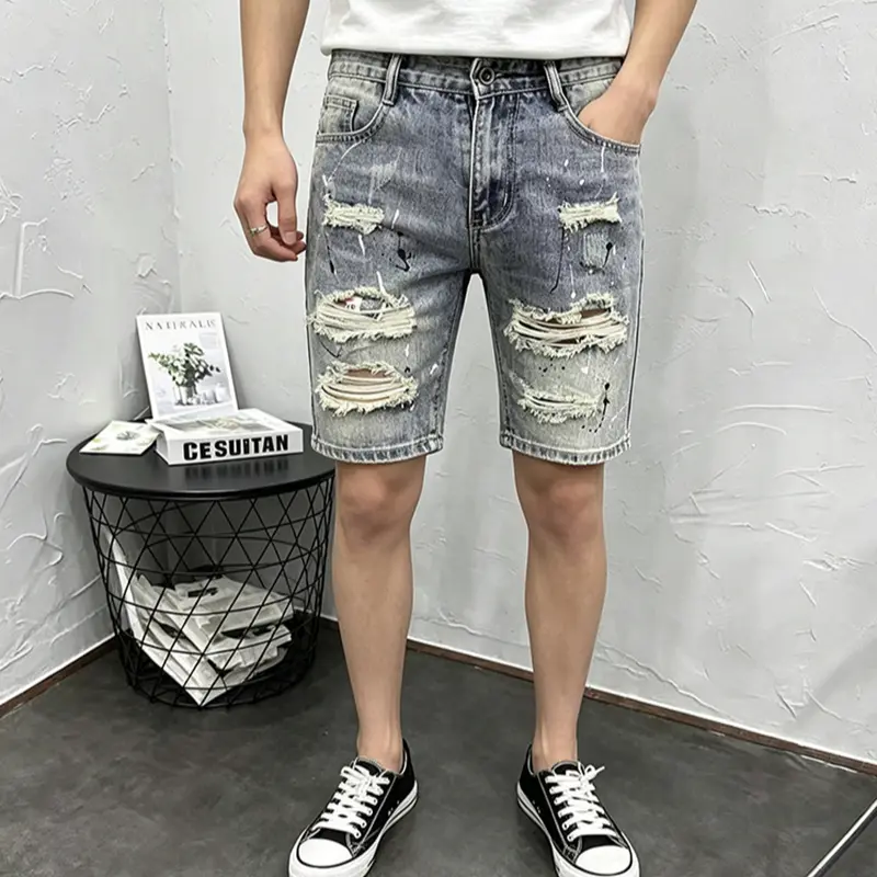 Z356  Men's denim shorts, trendy high street style, heavy-duty ripped, splatter-paint, slim-fit, stretchy mid-length shorts