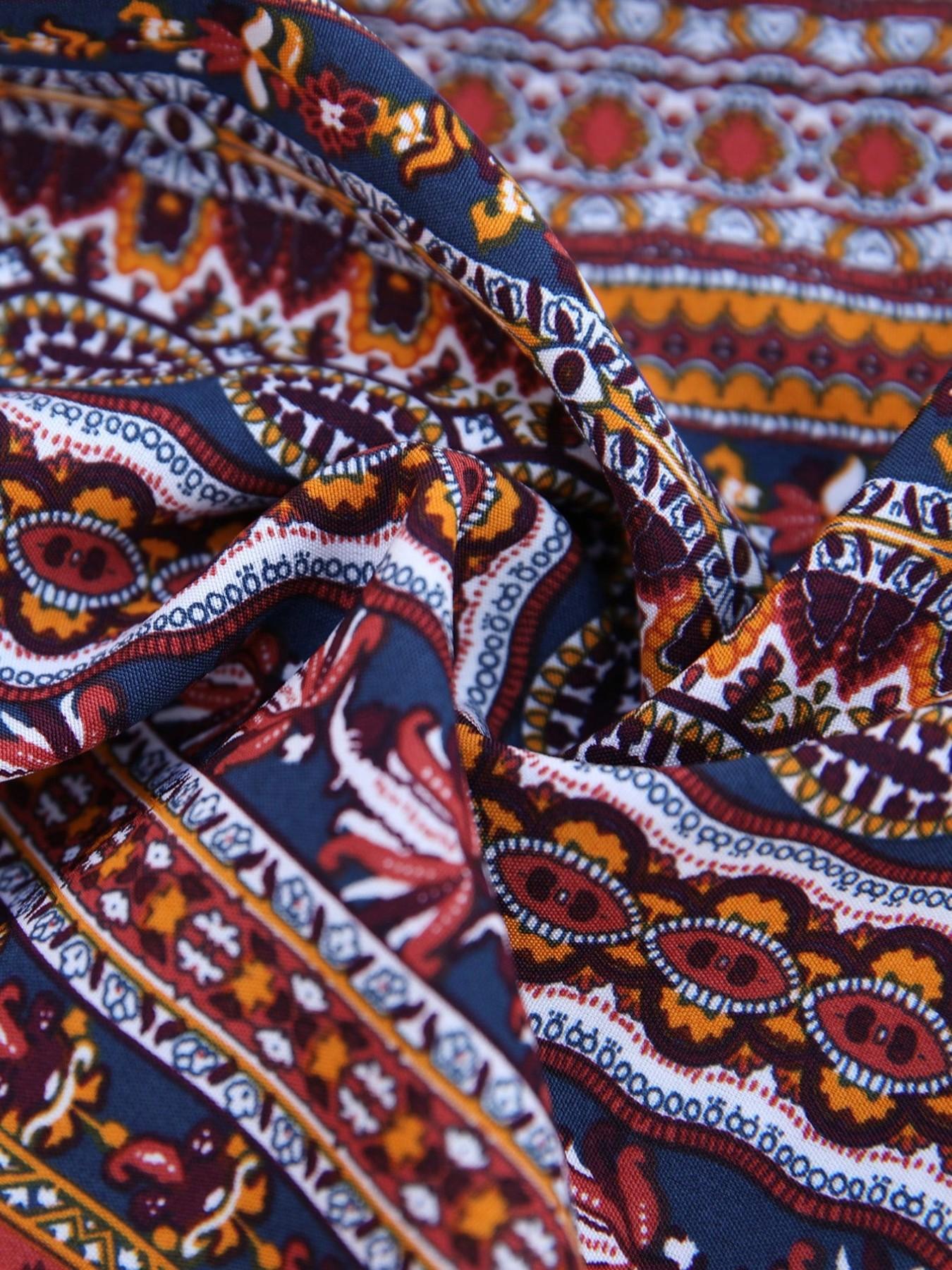 Boho Vacation Commuter Vintage Ethnic Print Wood Trim Halter Bodycon Jumpsuit, Bohemian Beach Holiday Casual Wide Leg One-Piece Pants