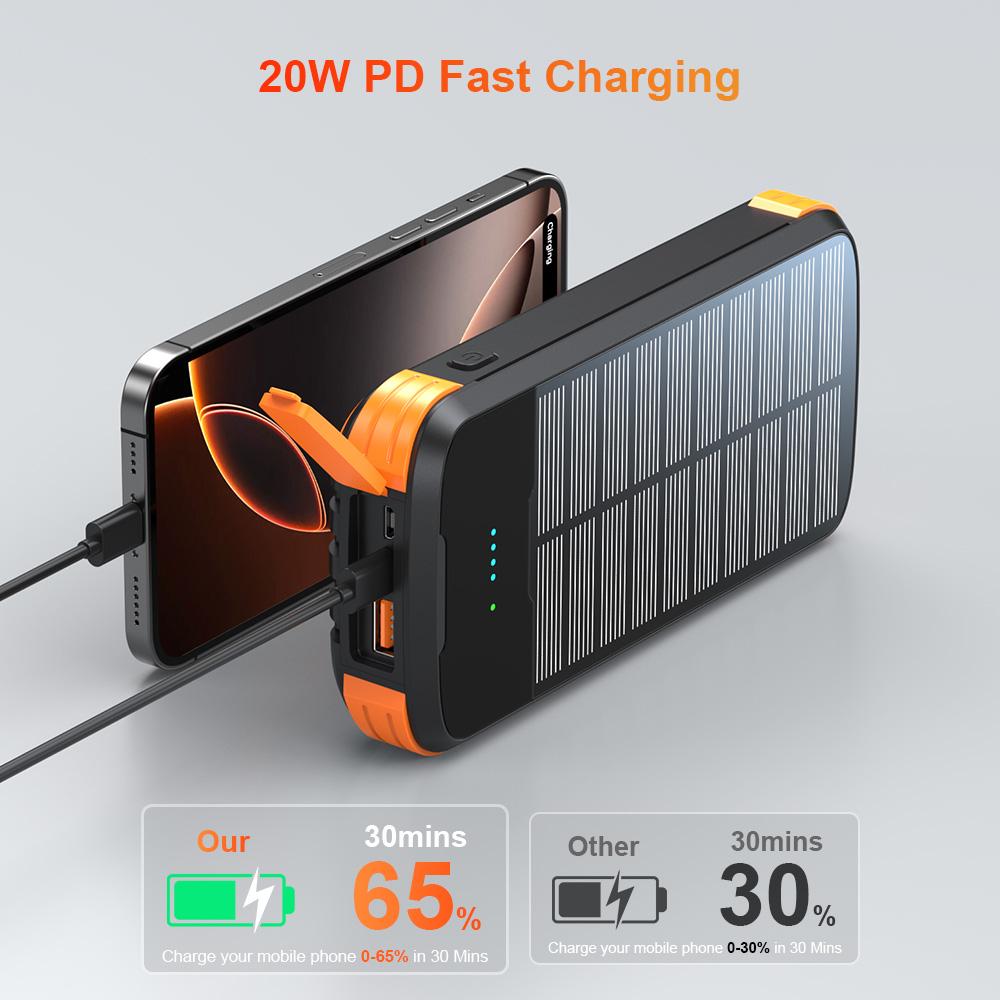 citicr 40000mah large-capacity solar power bank, equipped with 4 cable outputs, 5 QC3.0PD 20W fast charging channels, 2 lighting fixtures, and 1 solar panel for efficient charging. It is suitable for outdoor activities, fishing and camping