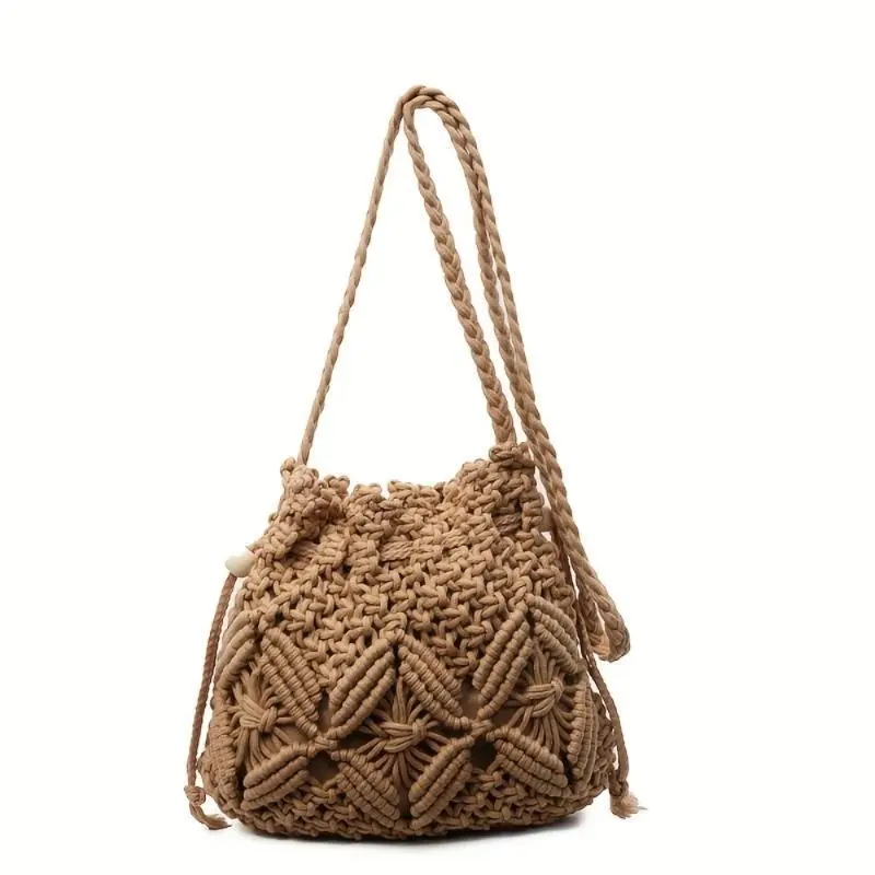 BeadBreath Medium Minimalist Woven Rope Macrame Bucket Bag - High-Quality Crossbody Shoulder Bag for Spring & Summer