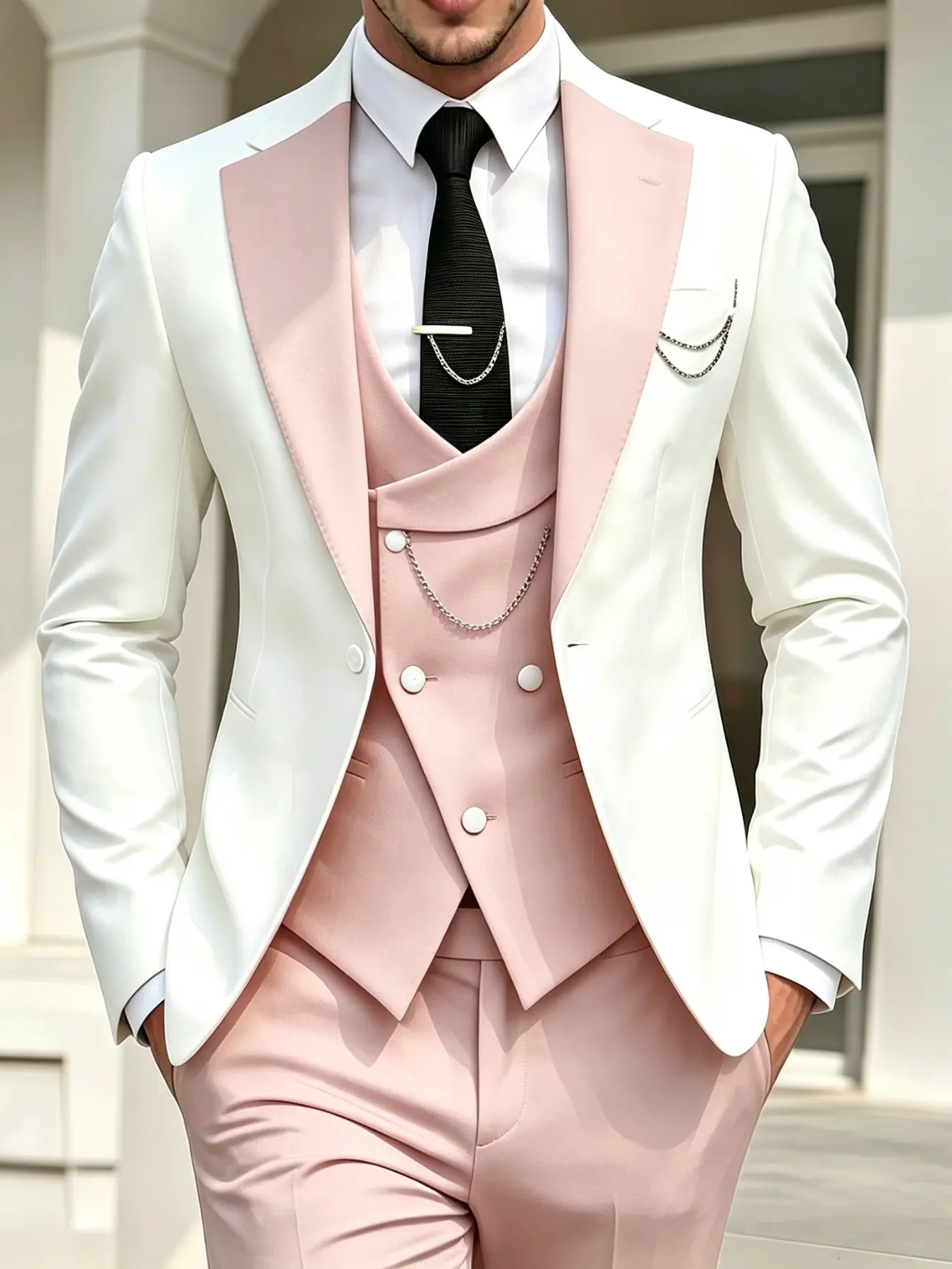 Men's Slim Fit Suit 3 Piece Set, Jacket Vest and Pants, Wedding Party Evening Gown, Adjustable Waistband, Graduation Class Reunion