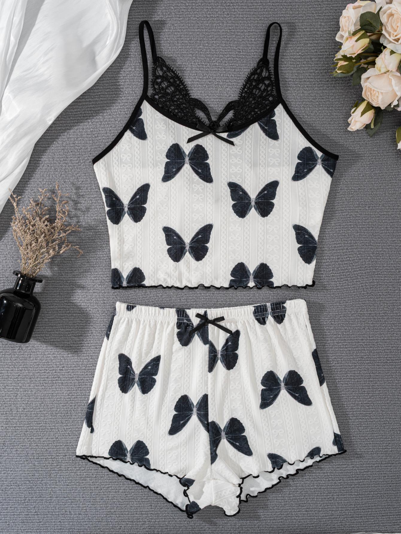 Women's Butterfly Embroidered Lace Cami Pajama Set, Sexy Spaghetti Strap Shorts, Comfortable Sleepwear for Summer Nights, Lace Lingerie Set