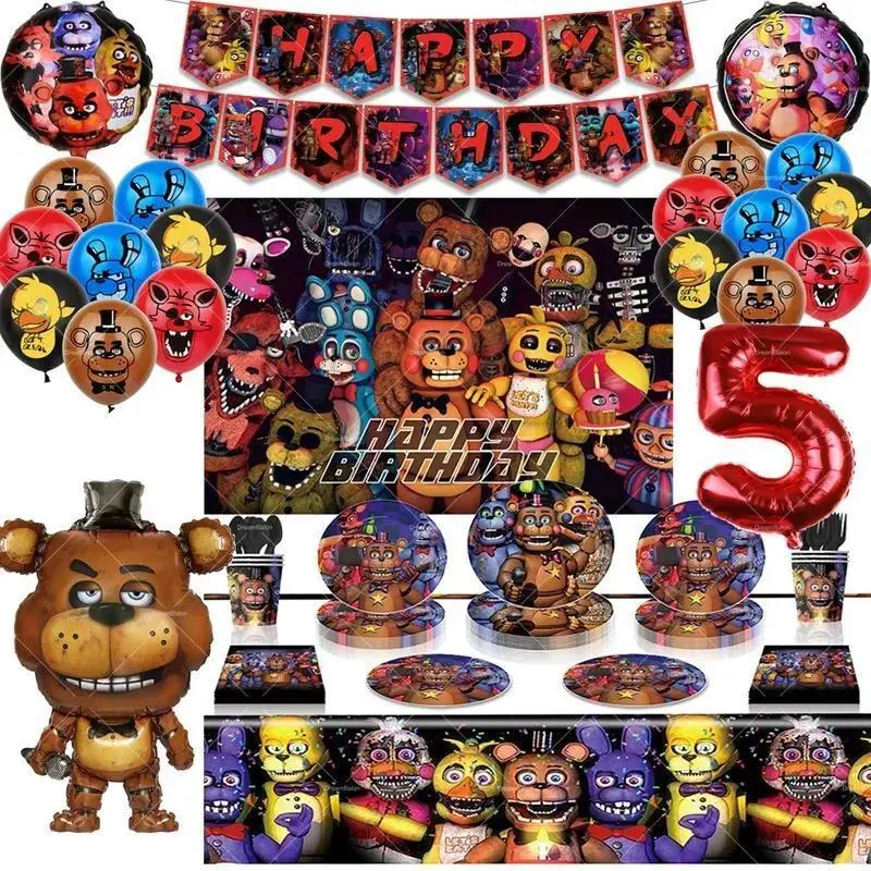 2026 New hot item FNAF Birthday Party Decoration Midnight Bear Foil Latex Balloon Five Nightsed at Freddy's Game Toy Backdrop Banner Cake Topper