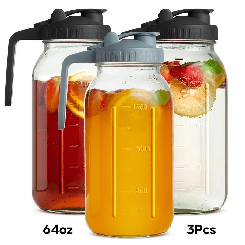 Bestseller 3PCS 64oz Glass Water Pitcher with Flip Top Lid and Handle Leakproof Wide Mouth Mason Jar Style Beverage Container with Scale for Cold Water Ice Water Cold Brew Iced Coffee Tea Juice Milk Homemade Drinks for Home Kitchen Fridge Office Picnic