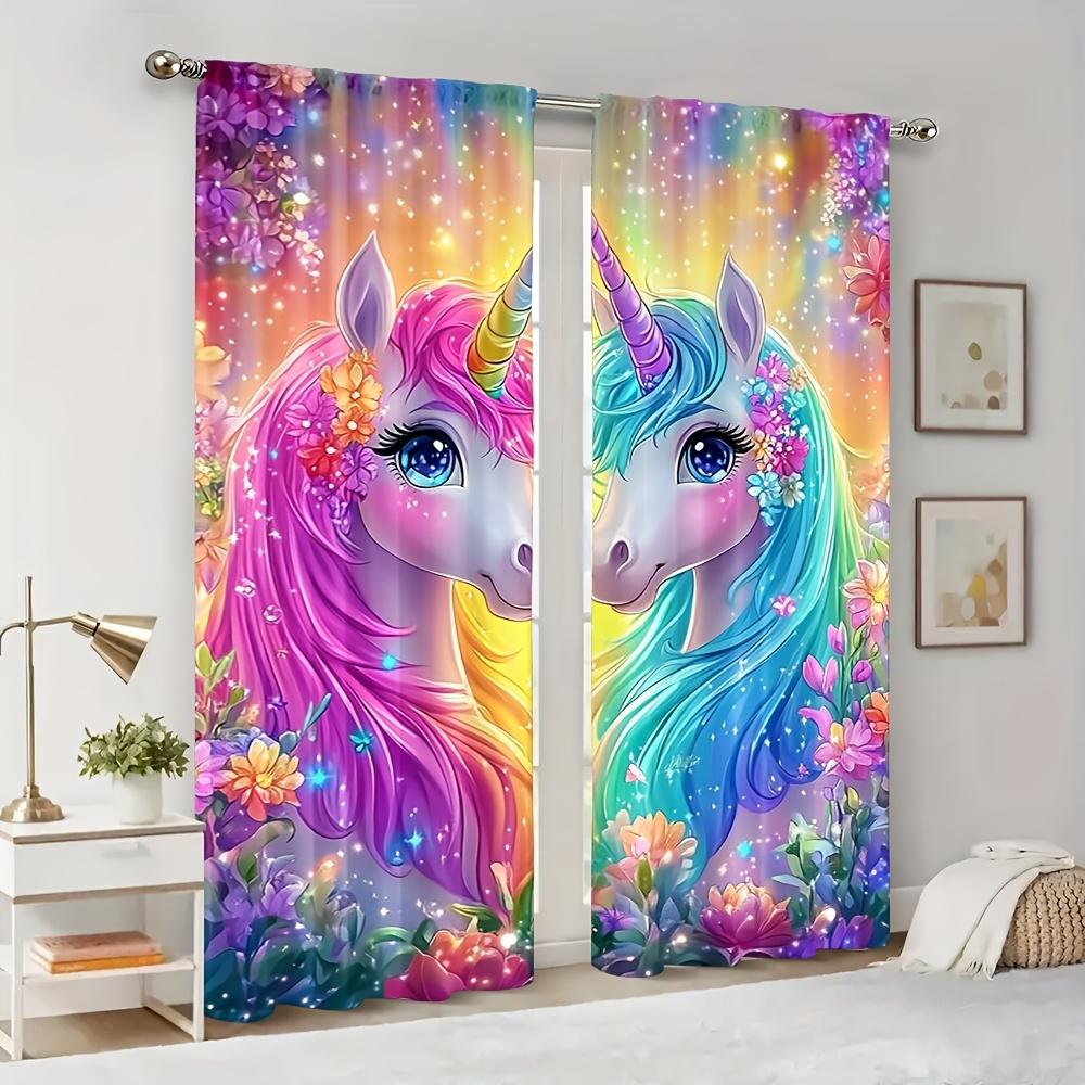 2 pieces, Magic Unicorn Flower Curtains with vibrant rainbow and sparkling star design - rod pocket style, semi-sheer polyester, suitable for home living room bedroom balcony kitchen study and bathroom window decoration, easy to clean.
