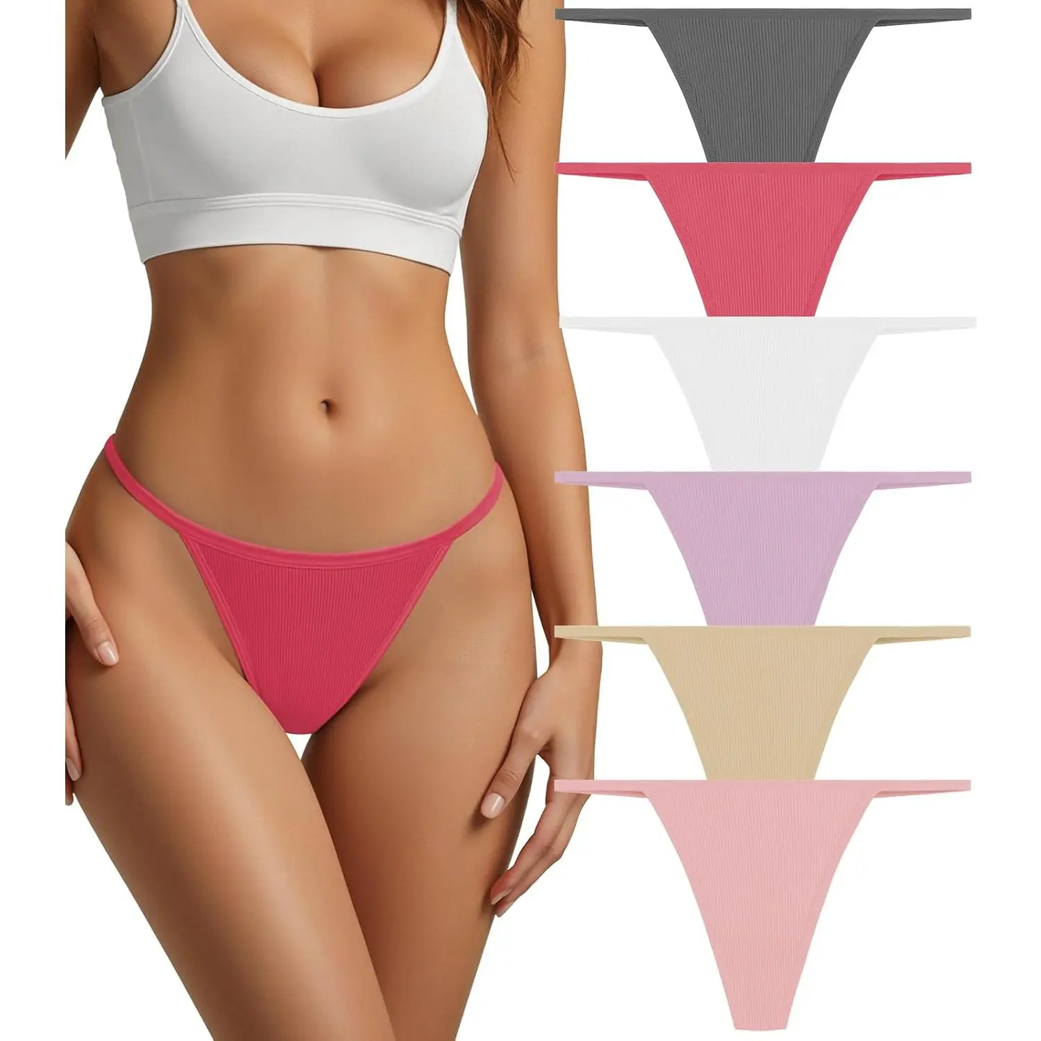 Women's 6-Pack Breathable Cotton Panties - Low Waist Seamless Lace Cotton Thongs, Elastane-Blend T-Back G-String with Comfortable Stretch, Assorted Styles, Solid Plain