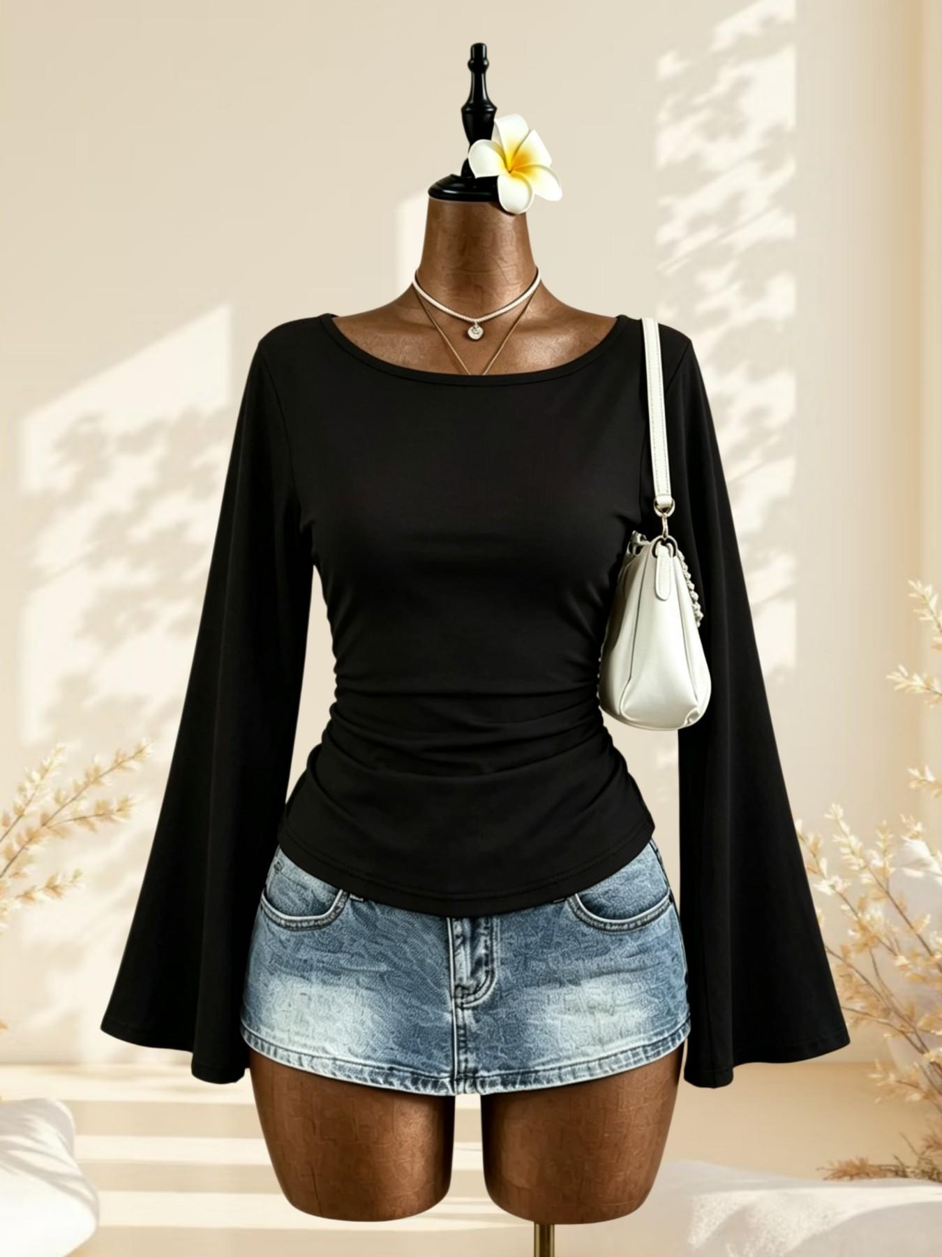 French Lazy Style Plain Color One-Shoulder Bell Sleeve Top, Side Pleat Waist Slimming Commuter Shirt, Choose 1/2 Pieces