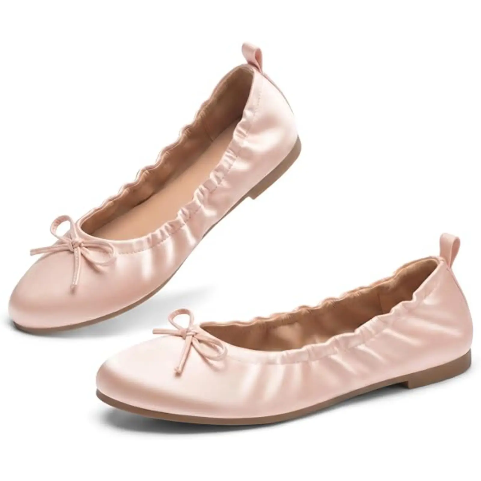 Coutgo Women's Classical Faux Leather Plain Ballet Flats - Rubber Sole, Bow Accent, Round Toe, Lightweight Slip-On Dress Shoes for Work, Casual Wear